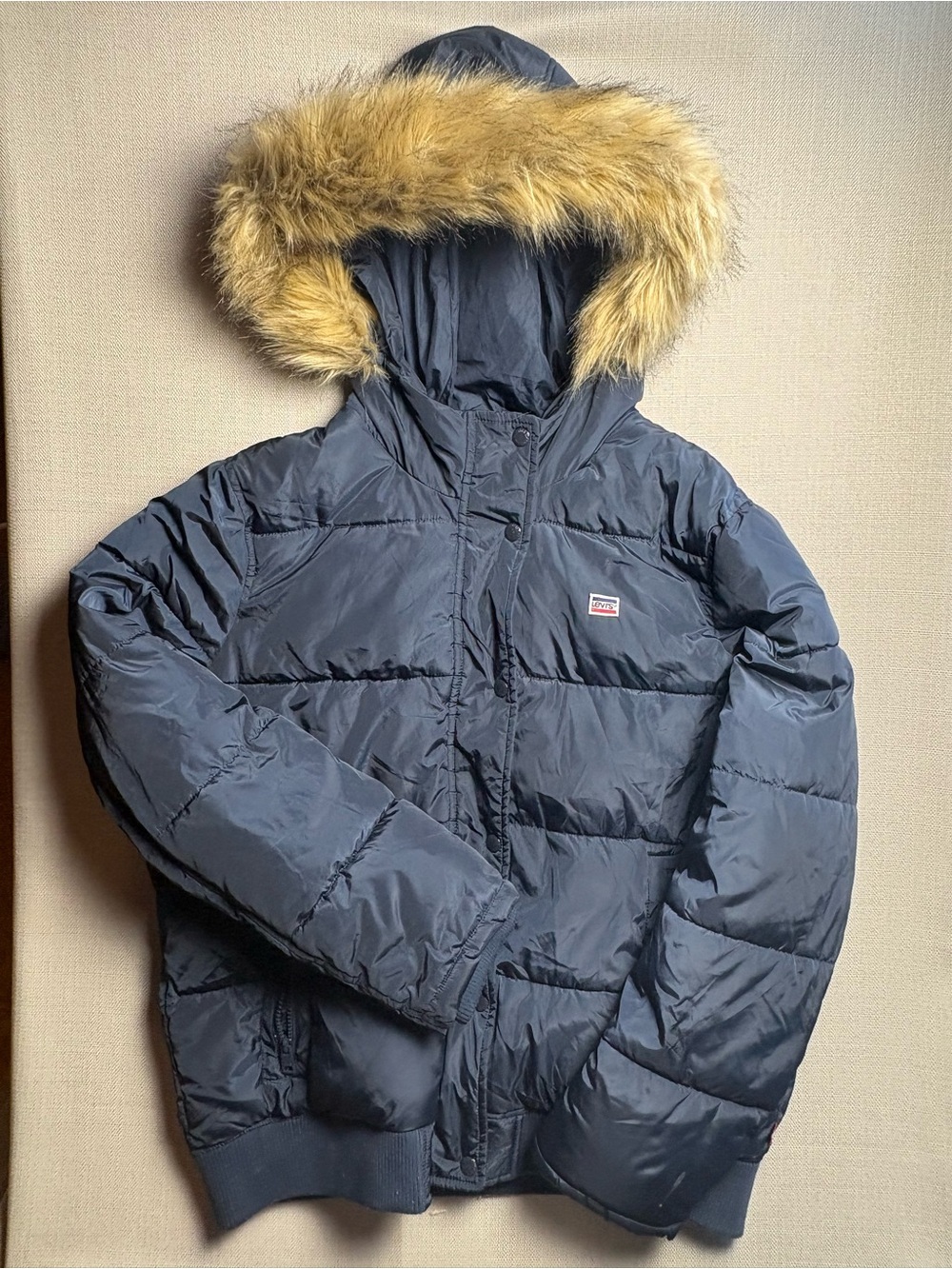 Levi's Dark Blue Puffer Jacket with Faux Fur Trim Hood